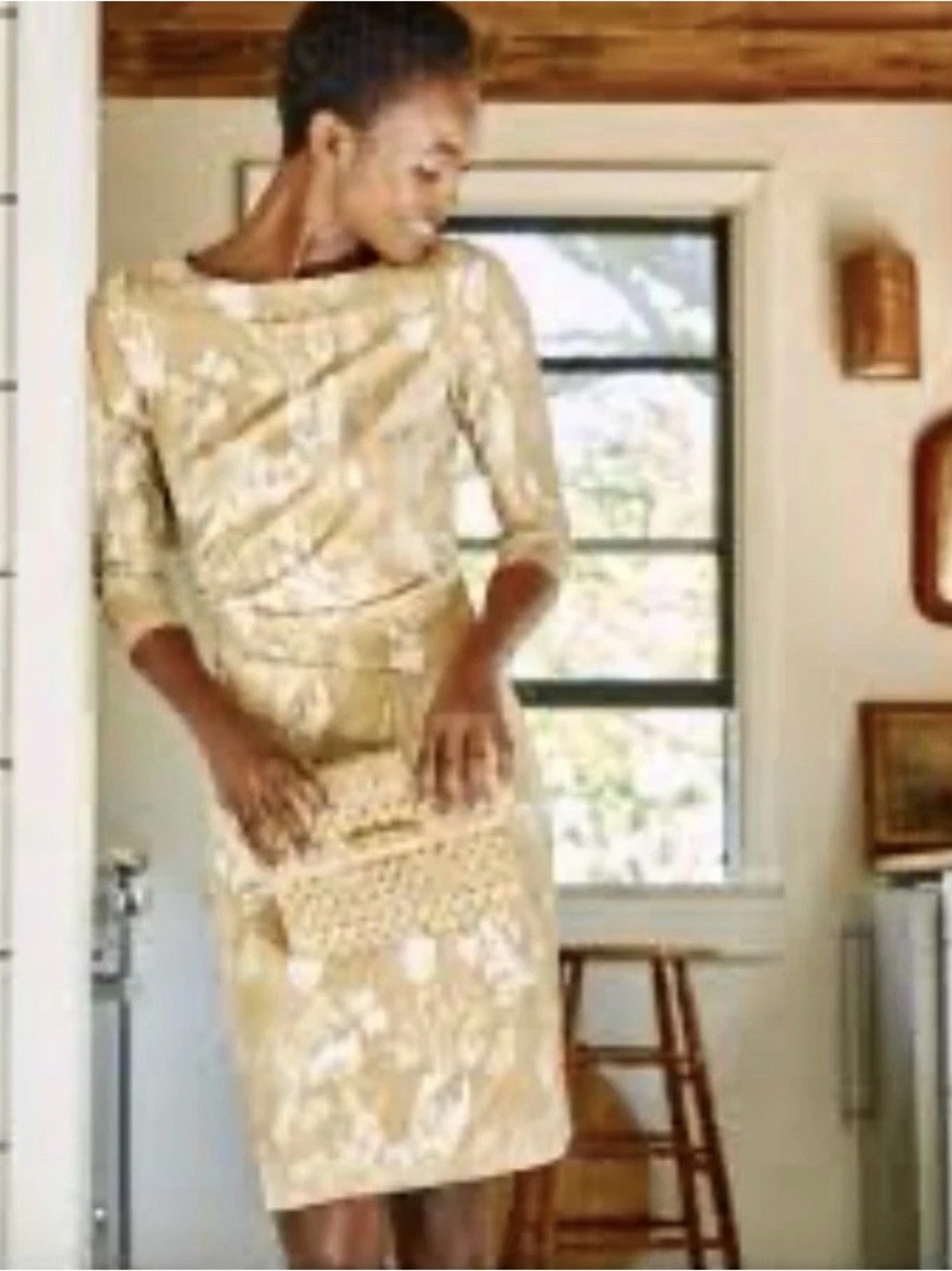 J McLaughlin tan leaf print shift knee length dress